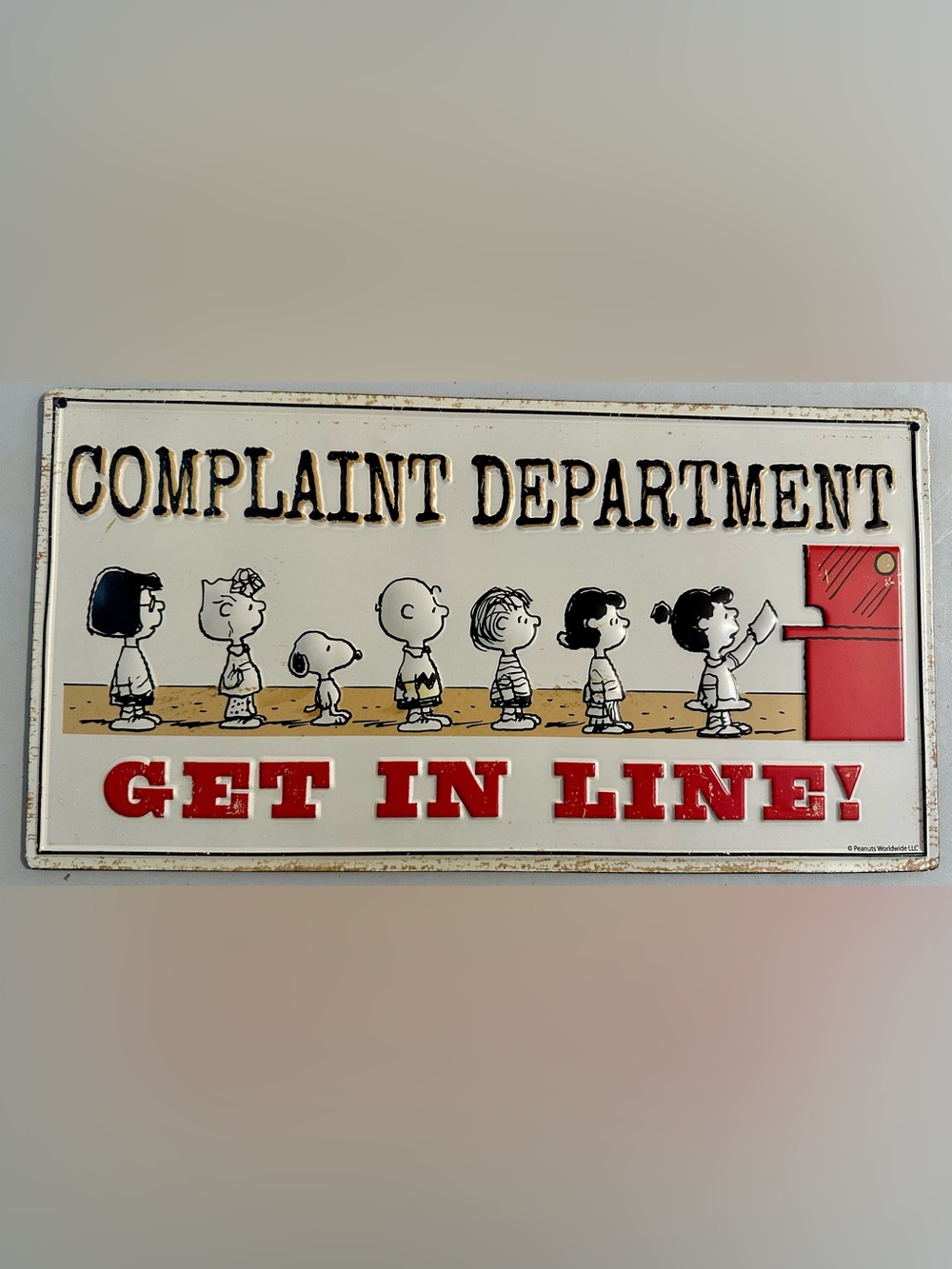 Peanuts Complaint Department Wall Sign in White, Black, Red, Tan